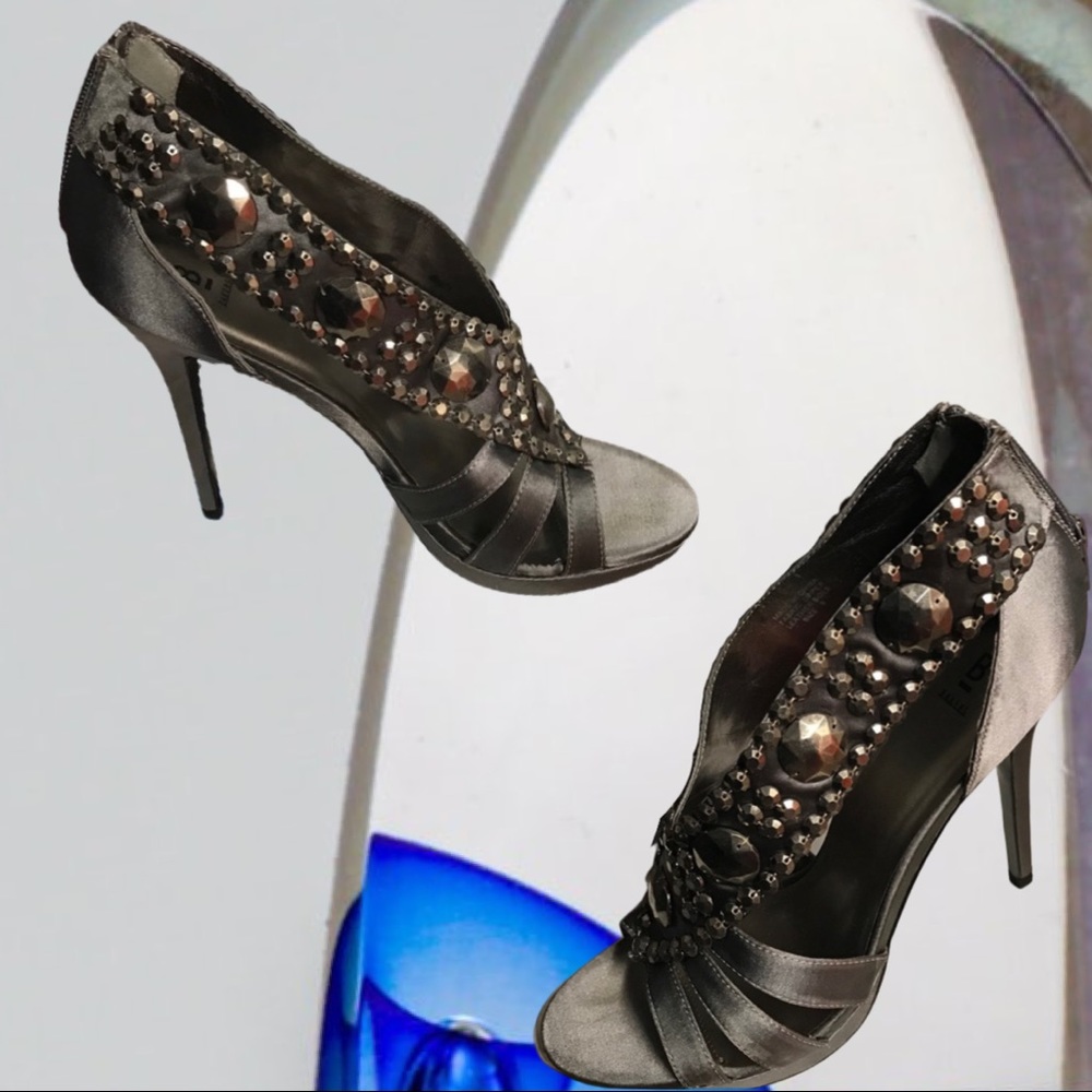 Gray Gunmetal Satin Jeweled Rhinestone Stiletto Peep Toe Heels Strappy Pumps